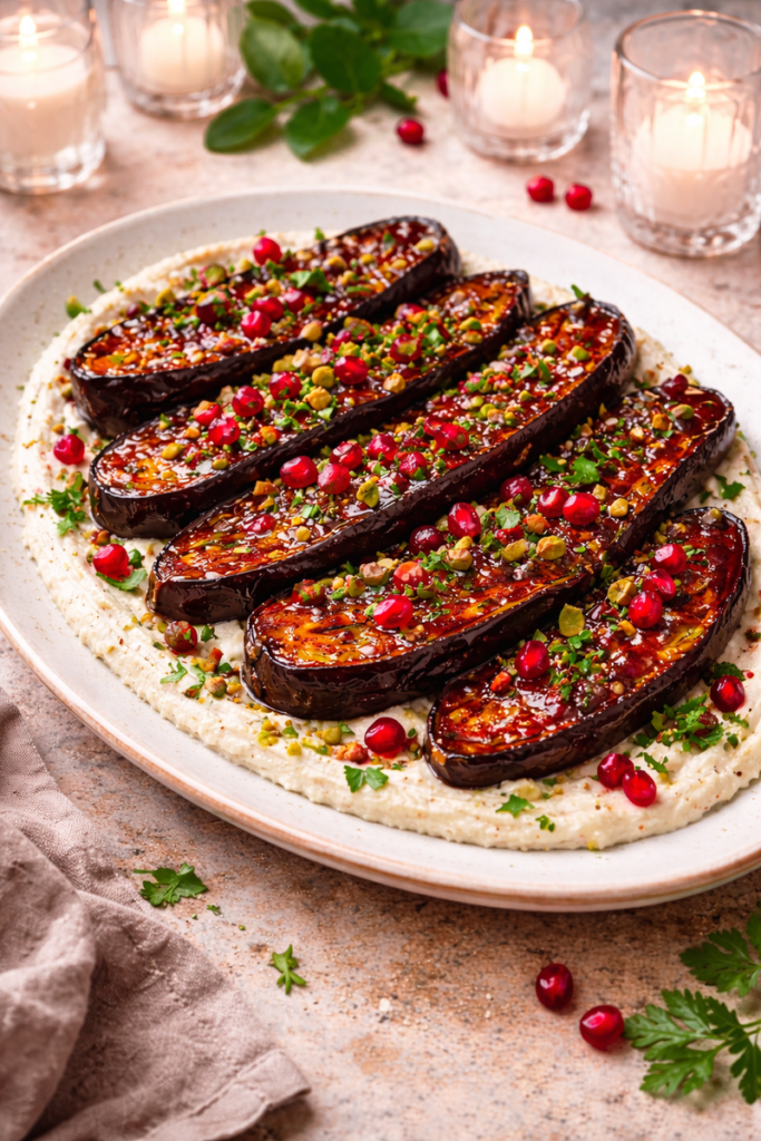 Pomegranate Glazed Eggplant with Whipped Tahini and Pistachios
