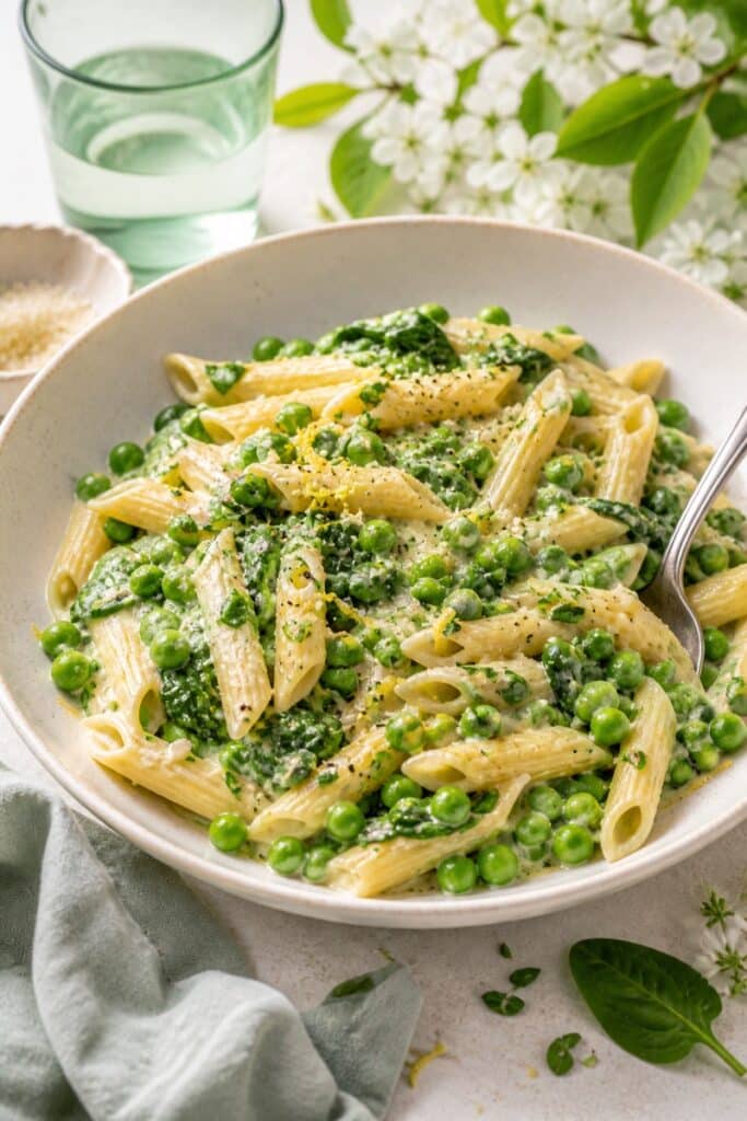Creamy Pea Spinach One Pot Pasta