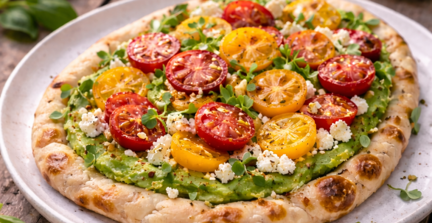 Breakfast Flatbread with Avocado and Tomato