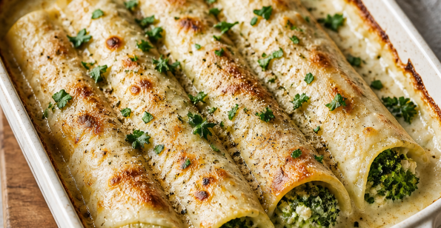 Creamy Vegan Broccoli Cannelloni with Roasted Garlic Bechamel