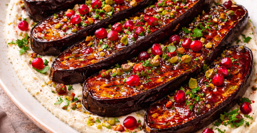 Pomegranate Glazed Eggplant with Whipped Tahini and Pistachios